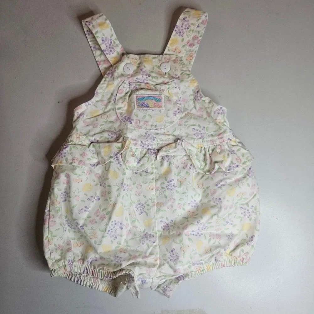 Vintage OshKosh B'gosh Baby Girls 12M Floral Fruit Romper Set Made in USA Pink